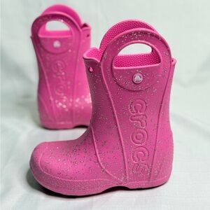 Crocs Girls Handle It Glitter Rainbow Boot Hot Pink Rain Shoes Size 1 J (Youth)